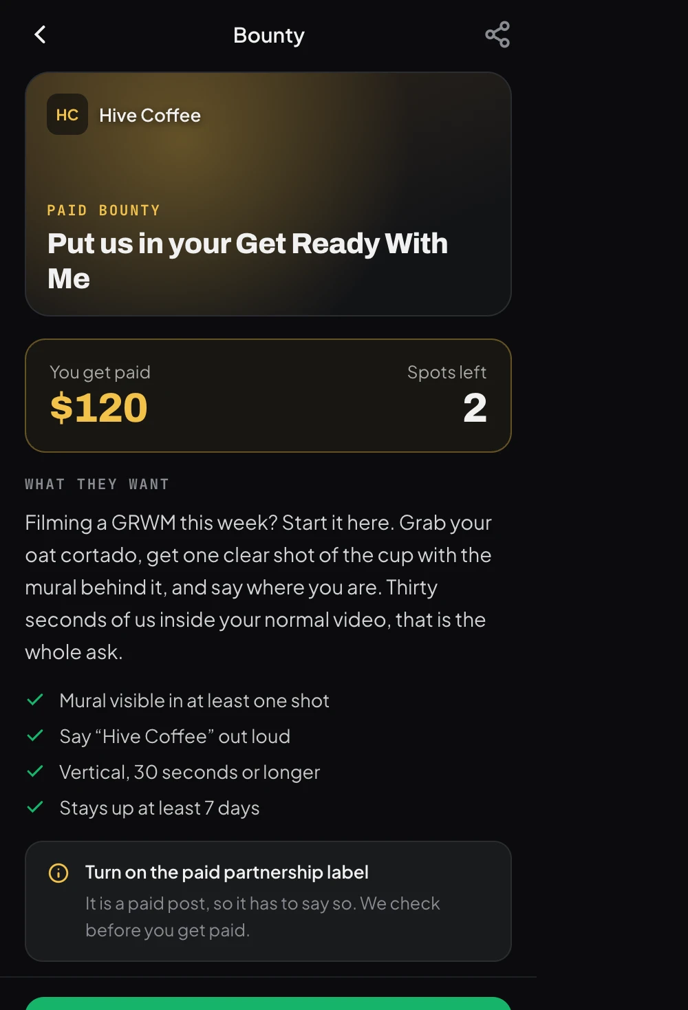 The creator side on iPhone: the brief, a $120 payout, two spots left, and the requirement to switch on the paid partnership label